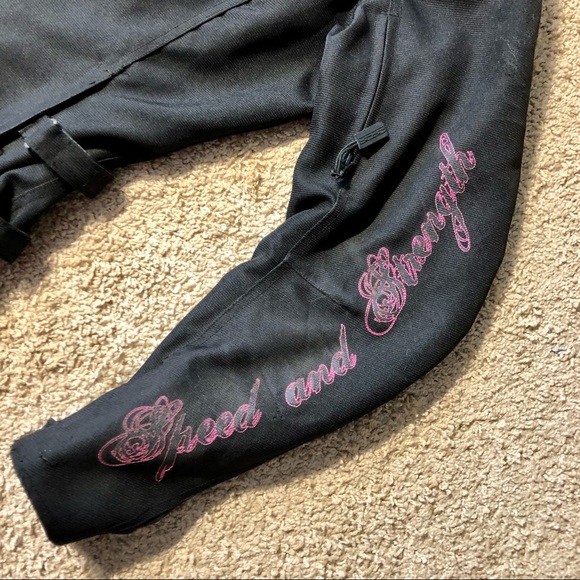 Speed and strength black/pink w/bling motorcycle jacket & matching chaps - Picture 8 of 16